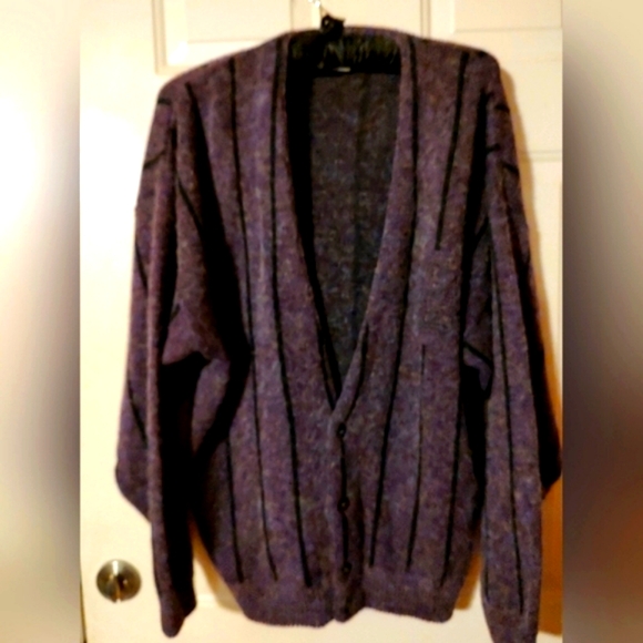 💜Awesome RARE 80's Authentic Purple & Black Mohair Longline Tunic Cardigan - L - Picture 13 of 16